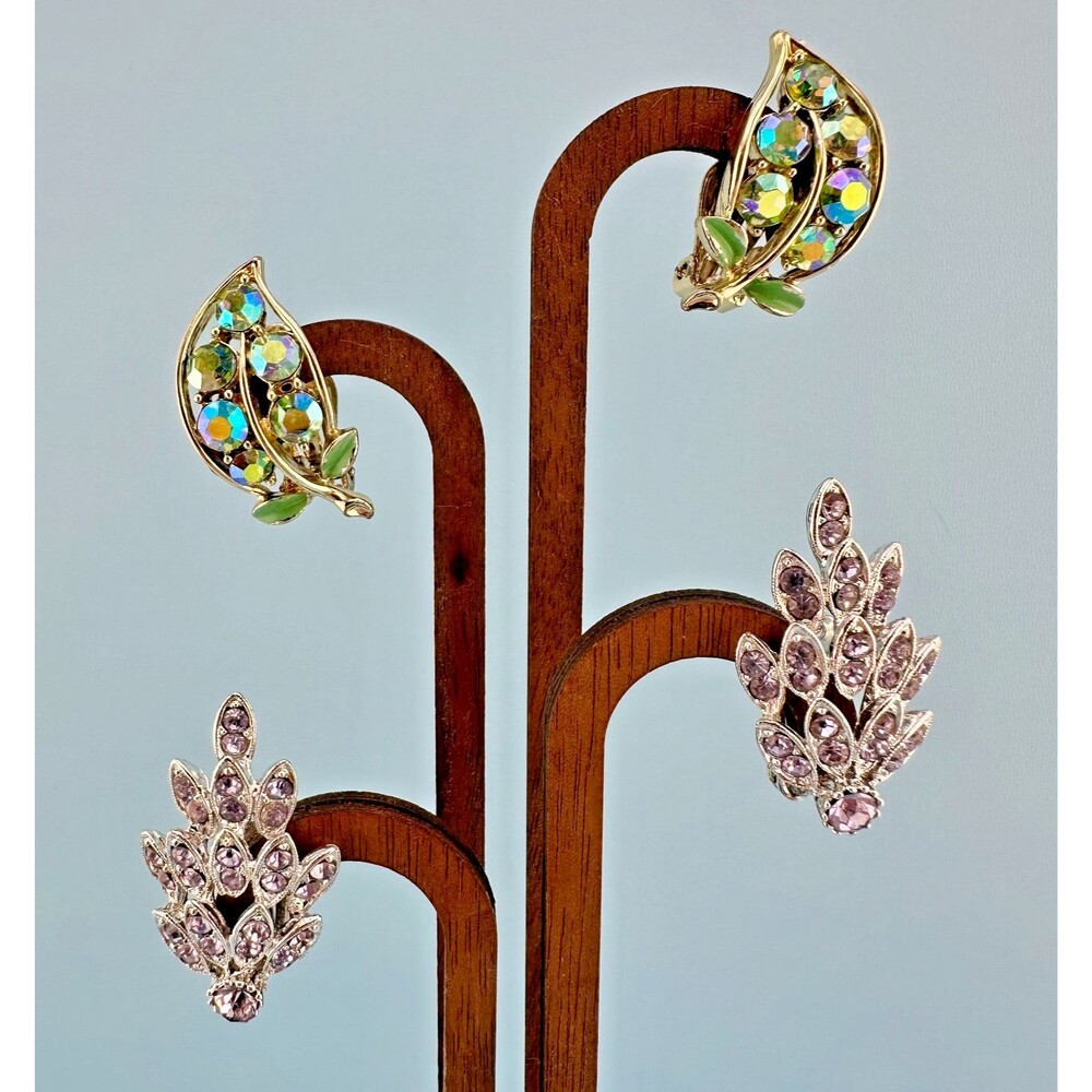 Vintage Rhinestone Flower Earrings Lot AB Green Gold Tone Purple Silver Tone
